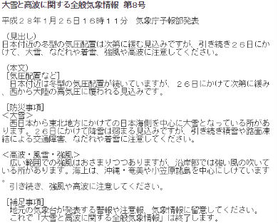 1月25日の気象情報