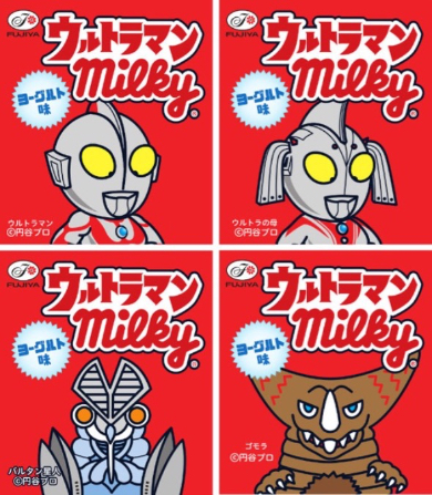 箱入りウルトラマンミルキーの裏面は4種類。ウルトラマン、バルタン星人、ゴモラ、そしてミルキーはママの味ということでウルトラの母も登場（ポコちゃんはどこへ？）