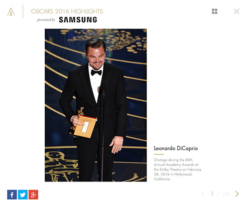 オスカー像を手にするレオナルド・ディカプリオ