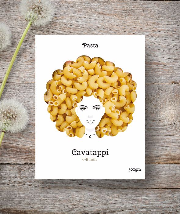 髪型に見えるパスタのパッケージデザイン