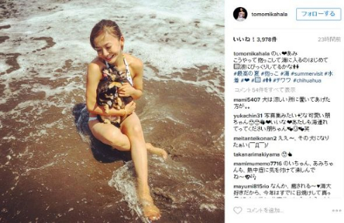 愛犬を抱いて海に入る華原朋美