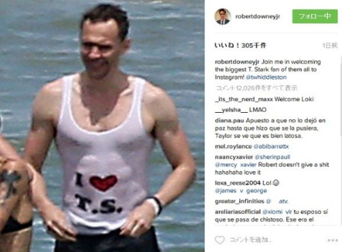 ロバート・ダウニー・Jrが投稿したトム・ヒドルストンの画像
