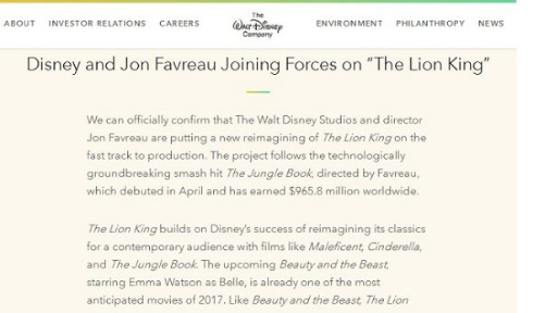 「ライオン・キング」の実写化をディズニーが発表