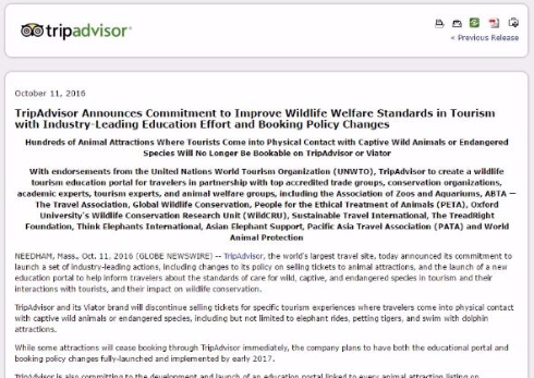 トリップアドバイザー 動物 接触 チケット 販売停止 ビアター