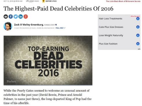 Forbes「故人セレブ年収ランキング2016」