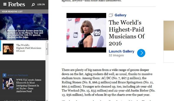 米Forbes誌による「2016年もっとも稼いだミュージシャンべスト30」