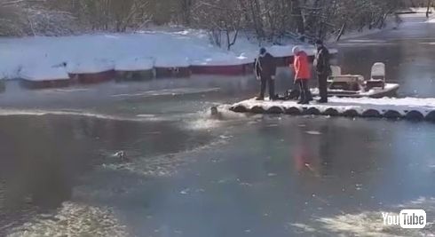 ロシア 公園 池 凍る 犬 救助 飛び込み