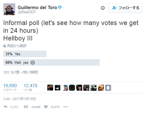 パシリム監督「『ヘルボーイ』の続編見たいひと〜？」→10万票突破