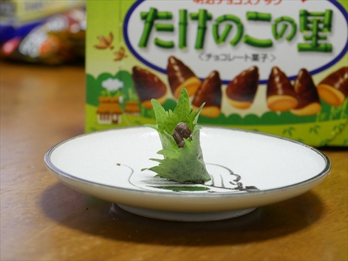 たけのこの里がシソにくるまれている