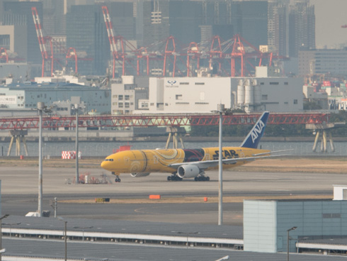 展望デッキから飛行機の着陸を眺める
