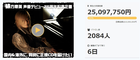 緒方恵美「アニメグ。25th」、2500万円の調達に成功