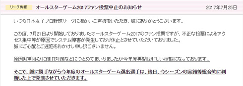 日本女子プロ野球オールスターゲーム、不正によりファン投票が中止