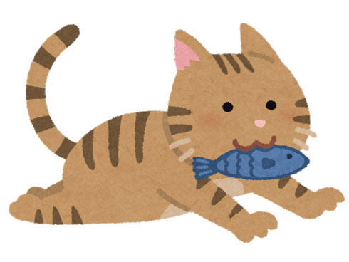 魚をくわえて走る猫のイラスト