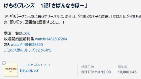 けものフレンズ さばんなちほー ニコニコ動画 1000万 再生数