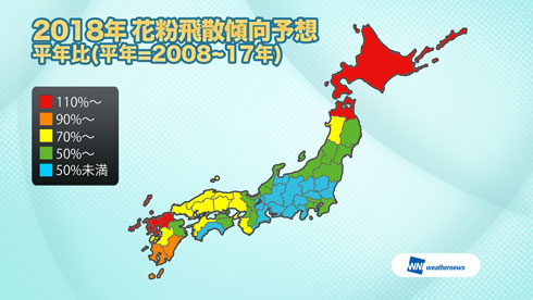 2018年花粉飛散傾向（スギ、ヒノキ、シラカバ）