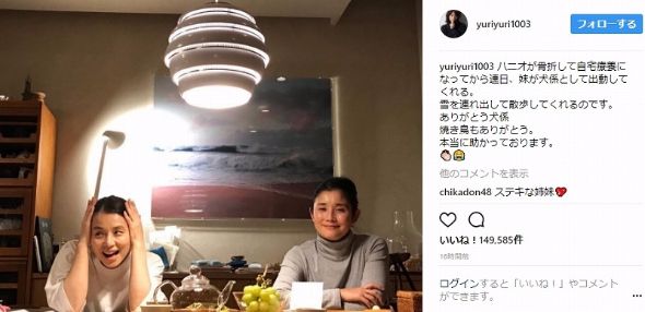 石田ゆり子 石田ひかり 姉妹 ハニオ 骨折 Instagram