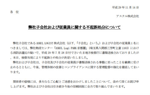 アスクル 不起訴