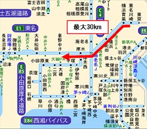 12月30日、東名高速下り「伊勢原バス停付近」の渋滞発生区間