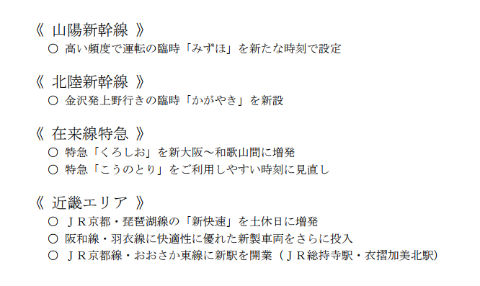 JR西日本の主な変更点