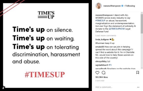 TIME’S UP　リース・ウィザースプーン　Instagram