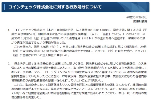 仮想通貨 コインチェック 行政処分