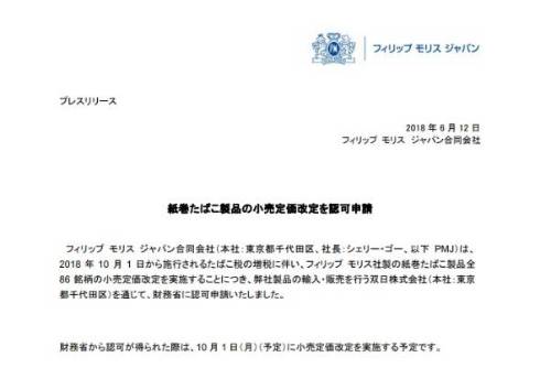 紙巻たばこ製品の小売定価改定を認可申請
