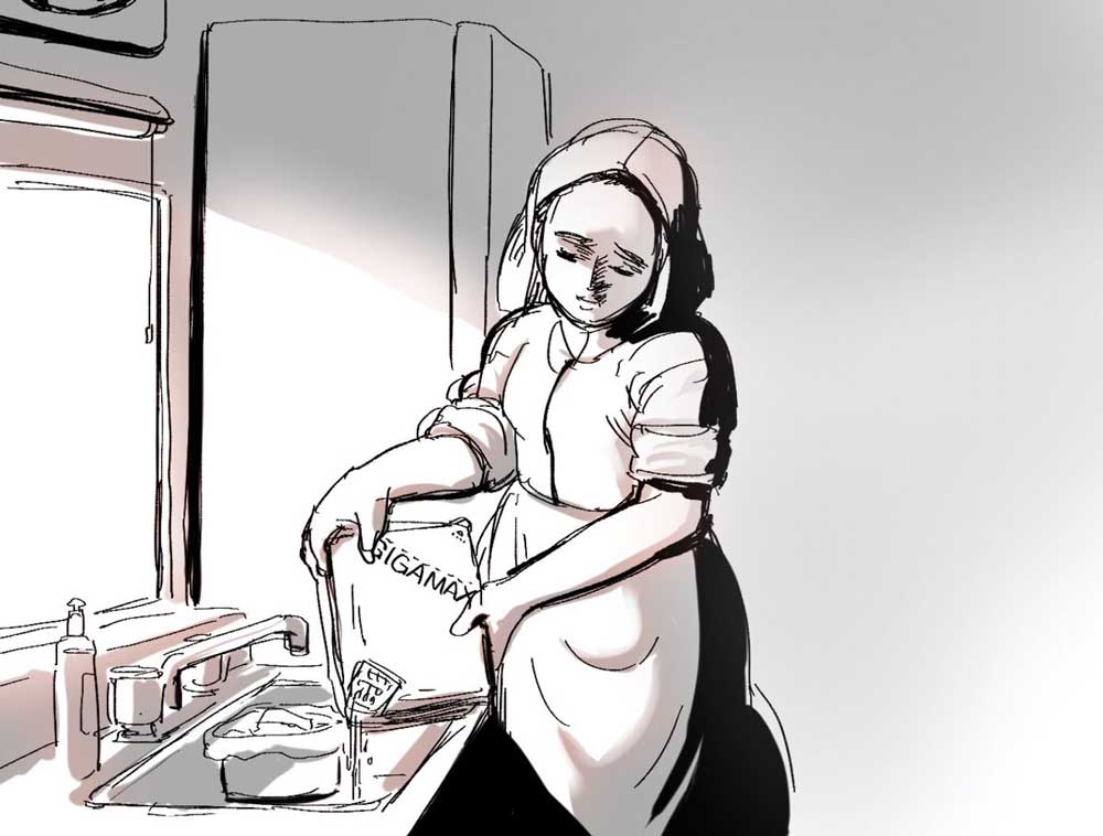 画家・フェルメールが描いた風な「ペヤングを湯切る女」がシュール　名画「牛乳を注ぐ女」のパロディーに「好き」の声集まる