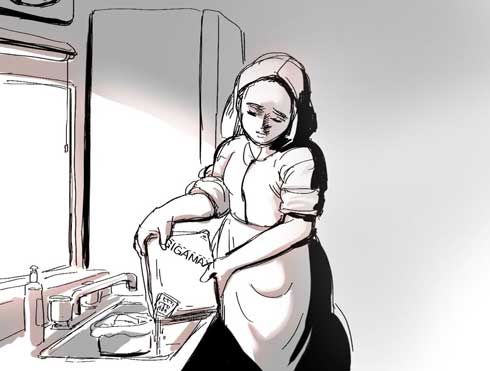 フェルメール ペヤングを湯切る女 牛乳を注ぐ女 パロディー イラスト
