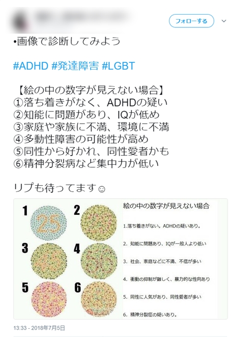 色覚検査表使いデマ拡散「絵の中の数字が見えない場合ADHD、発達障害、LGBTの疑い」　本来の用途を医師に聞いた