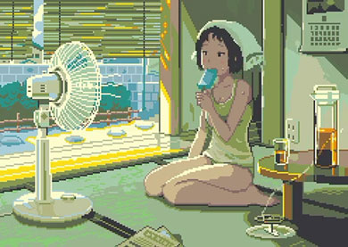 ピクセルアート 動く ドット絵 夏 昭和 扇風機 女の子