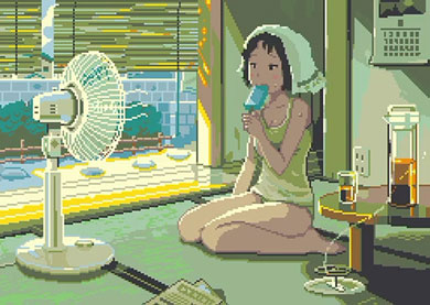 ピクセルアート 動く ドット絵 夏 昭和 扇風機 女の子
