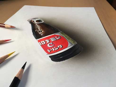 オロナミンC 絵 リアル 色鉛筆 トリックアート