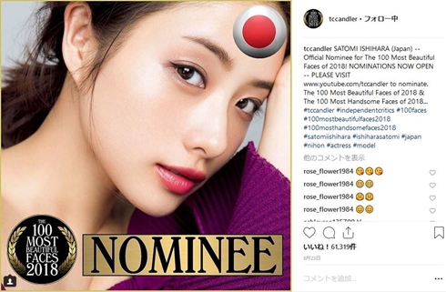 ローラ 石原さとみ 篠崎愛 世界で最も美しい顔100人 ノミネート ランクイン