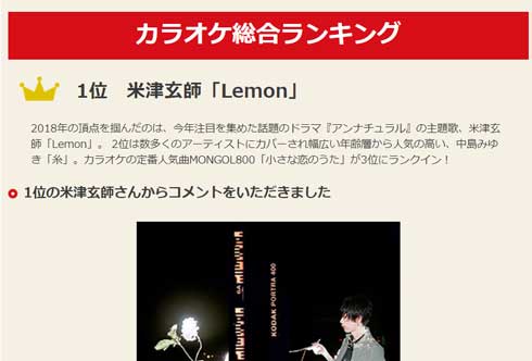 JOYSOUND カラオケ 年間ランキング 米津玄師 Lemon