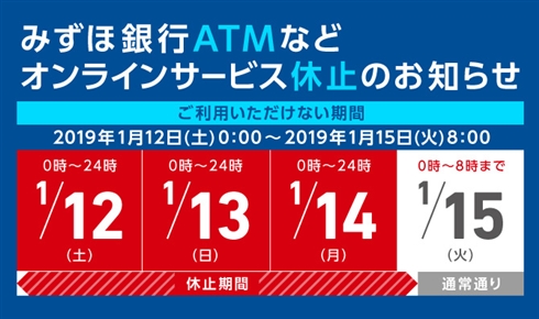 みずほ銀行、ATMなどのオンラインサービスを臨時休止　1月12日0時から15日8時まで