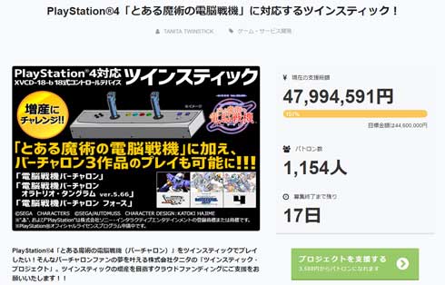 タニタ バーチャロン ツインスティック 増産 クラウドファンディング 達成