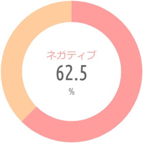 {'type':'pie'、'data':{'labels':['ネガティブ'、'ポジティブ']、'datasets':[{'data':[62.5、37.5]、'backgroundColor':['rgba(255、115、116、.7)'、'rgba(255、183、116、.7)']、'borderWidth':[0、0]}]、'illust':0}}