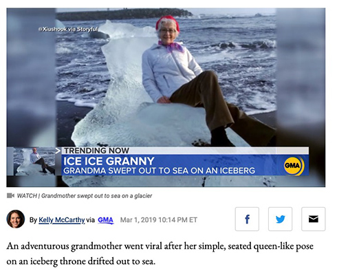 「アナ雪3」「60歳のエルサ」　氷の玉座に腰掛けたおばあちゃん流されるも即座に救助