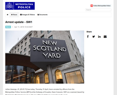 ウィキリークス創始者逮捕