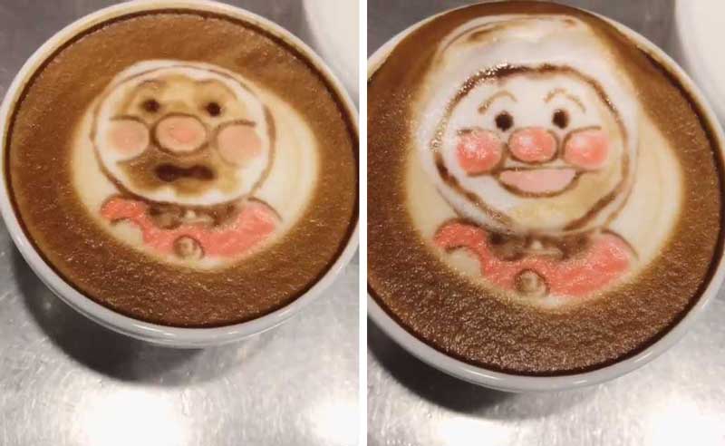 顔が汚れたアンパンマン → 顔を入れ替えて「元気100倍！」になるラテアートがすごい