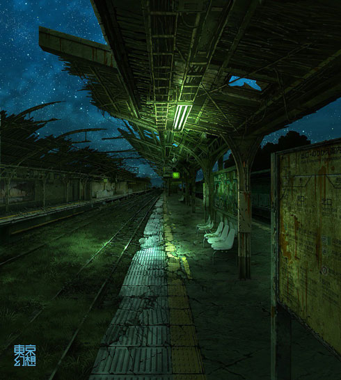 東京幻想 イラスト 新宿駅南口 緑 廃墟 綺麗 荒廃 未来 CG アート