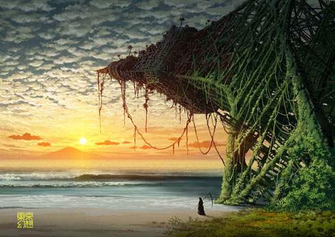 東京幻想 イラスト 新宿駅南口 緑 廃墟 綺麗 荒廃 未来 CG アート