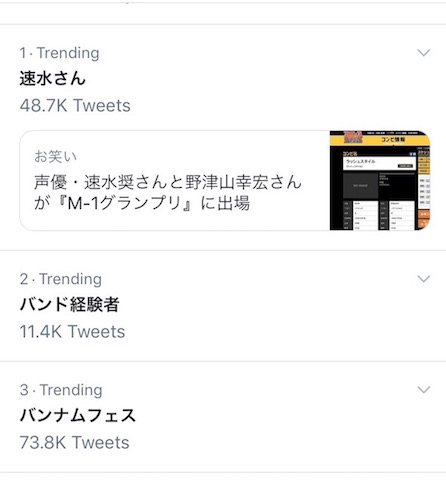 トレンド1位 ツイッター 速水奨 M-1グランプリ