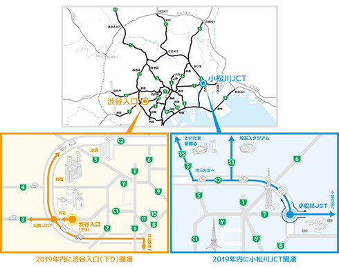 小松川JCTと渋谷入口（下り）の位置図