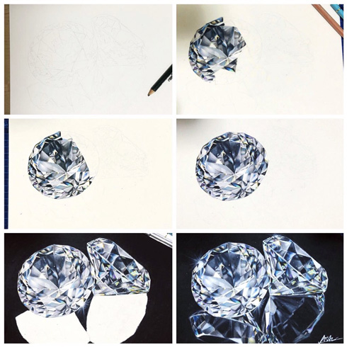 これが絵だと？ 色鉛筆で描かれたダイヤモンドの透明感と輝きが