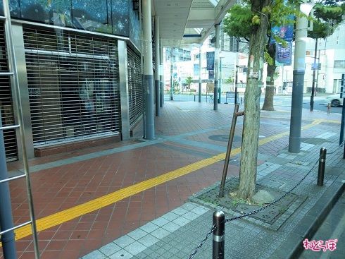 大通りを走る平44系統。早朝のため、お店はほとんど閉まっている