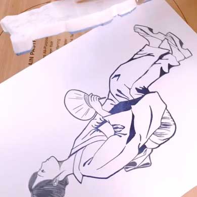 田口奈津子 消しゴムはんこ 浴衣 朝顔 34版 グラデーション 制作過程