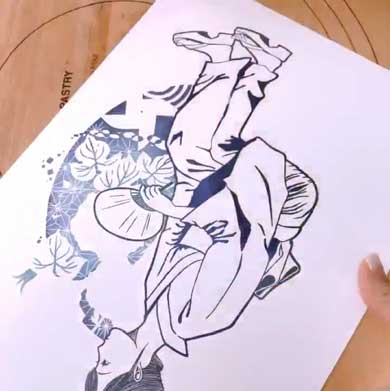 田口奈津子 消しゴムはんこ 浴衣 朝顔 34版 グラデーション 制作過程