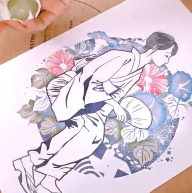 田口奈津子 消しゴムはんこ 浴衣 朝顔 34版 グラデーション 制作過程