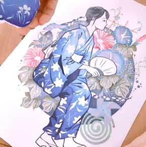 田口奈津子 消しゴムはんこ 浴衣 朝顔 34版 グラデーション 制作過程